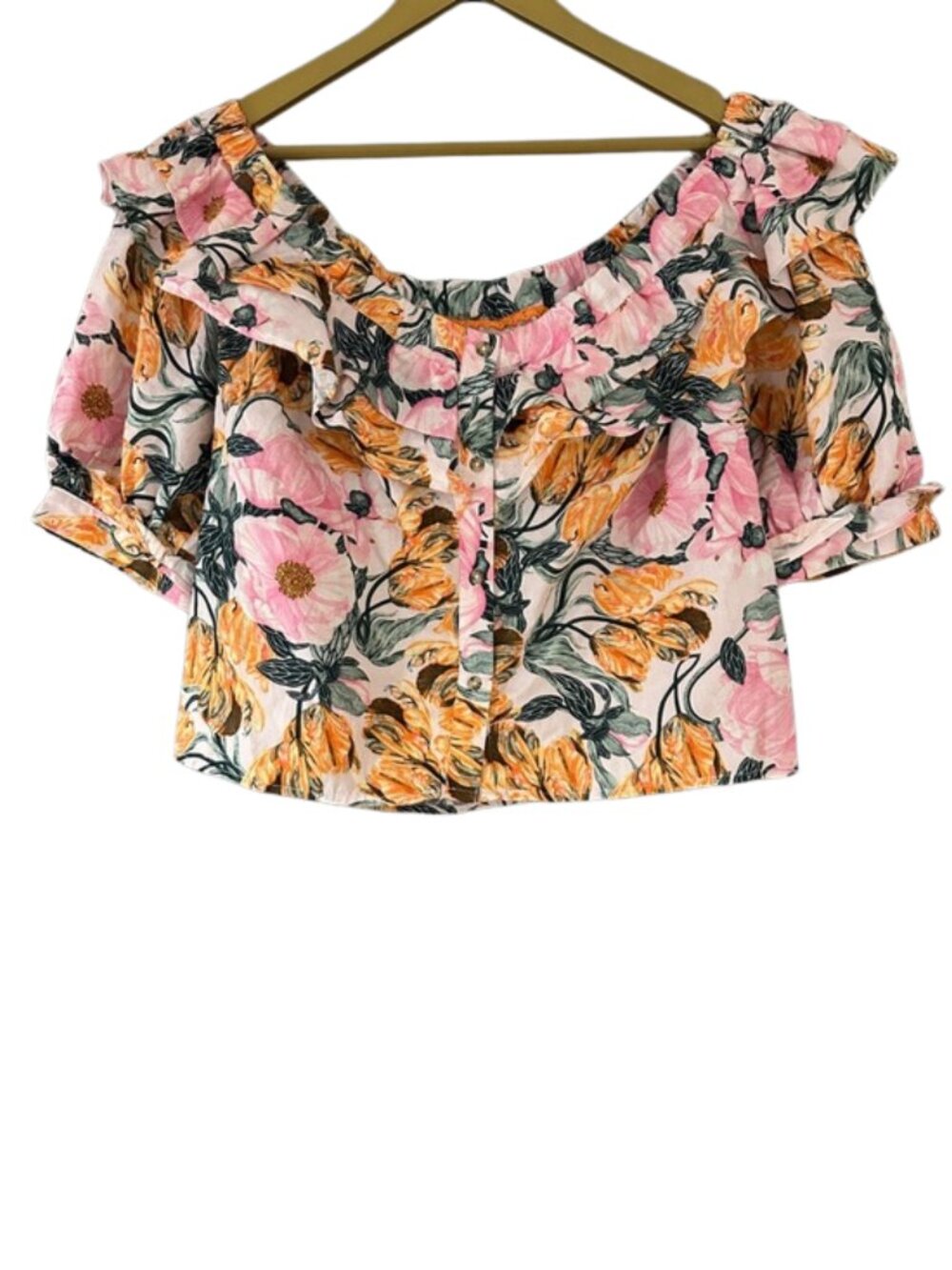 Cecilia Pettersson Anthropologie Off Shoulder Floral Blouse Pink Orange Ruffle